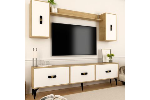 HİRAA TV ÜNİTESİ TAKIMI SAFİRMEŞE BEYAZ, 180 CM
