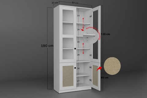 LİSA KUMAŞ DESENLİ VİTRİN ÇOK AMAÇLI DOLAP, 4 KAPAKLI, BEYAZ