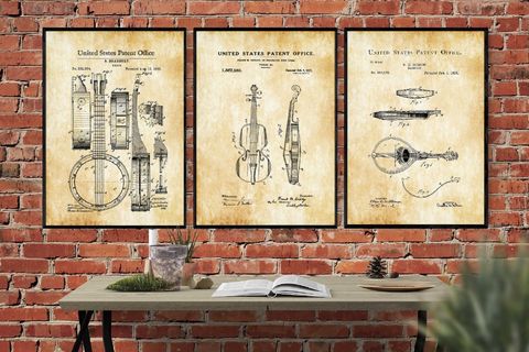 AHŞAP ÇERÇEVELİ VİNTAGE TABLO SETİ, MÜZİK, 50X70