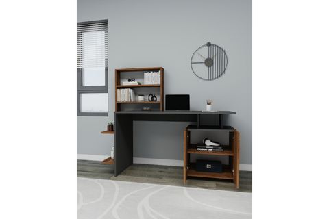 MELİS DOLAPLI RAFLI GENİŞ ÇALIŞMA BİLGİSAYAR MASASI, ANTRASİT CEVİZ