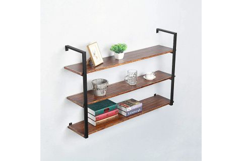 TASNİA SİYAH METAL AHŞAP DUVAR RAFI 120 CM 3 KATLI