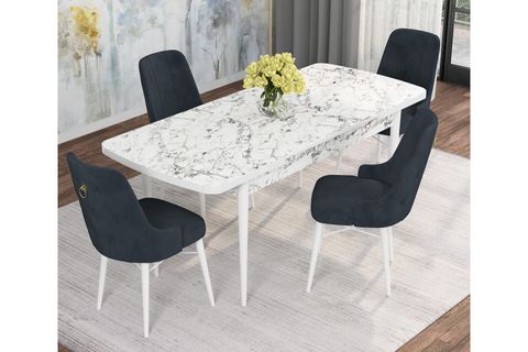 ROVENA MONA AÇILABİLİR MUTFAK MASASI TAKIMI, BEYAZ MERMER DESEN, ANTRASİT, 132X80