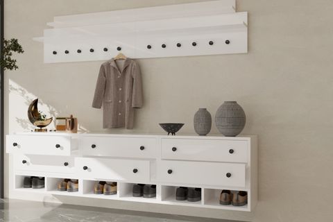 LENO 6 ÇEKMECELİ DUVAR RAFLI MODERN DRESUAR VE ASKILIK HOL TAKIMI PNR-DRS-1001