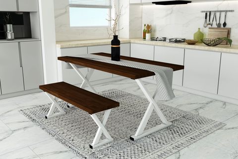 WOODESK ÇINAR MASİF BANKLI YEMEK MASASI TAKIMI, CEVİZ RENK, 140X70, CPT7618-140