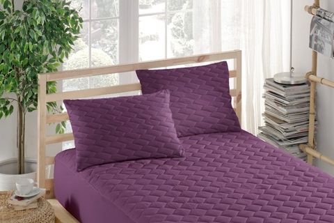 YATAK KORUYUCU ALEZ VE KILIF TAKIMI, PAMUKLU, KAPİTONELİ, FITTED, LİLA, 160X200