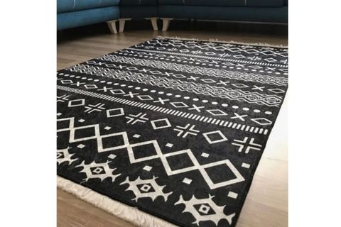 HALIMAX DARA 176 KAYMAZ DOKUMA TABANLI ETNİK DESENLİ MODERN HALI, SİYAH, 100X300