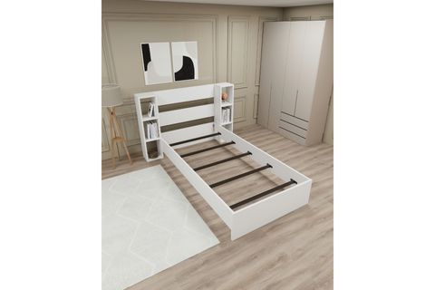 SMART RAFLI KİTAPLIKLI TEK KİŞİLİK KARYOLA, BEYAZ, 90X190