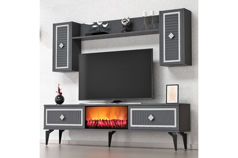 FLAME ŞÖMİNELİ TV ÜNİTESİ TAKIMI, ANTRASİT GÜMÜŞ