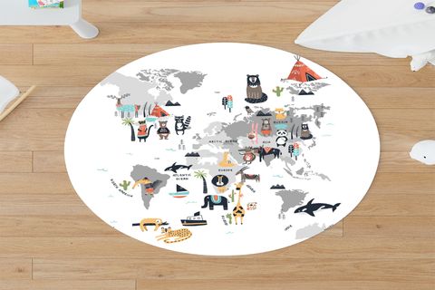 DEKORATİF KAYMAZ TABANLI YUVARLAK ÇOCUK ODASI HALISI DÜNYA HARİTASI DESENLİ 150X150