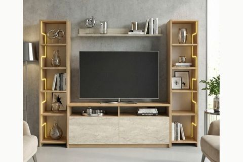 LABİRENT LEDLİ DUVAR TV ÜNİTESİ, TRAVERTEN KAPAK MEŞE