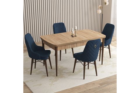 ROVENA QUEEN AÇILABİLİR MUTFAK MASASI TAKIMI 2499, MEŞE DESEN, LACİVERT, 132X80