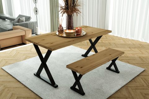 WOODESK ARDIÇ MASİF BANKLI YEMEK MASASI TAKIMI, NATURAL RENK, 180X80, CPT7683-180