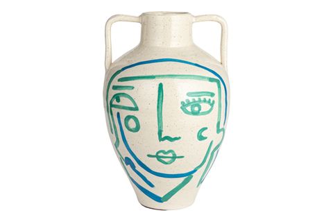 BEYAZ MAVİ TURKUAZ SOYUT YÜZ TERRACOTTA VAZO BOHO