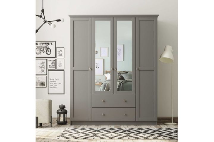 Zenio Side Kleiderschrank mit 4 Türen, 2 Schubladen, und Spiegel, Anthrazit