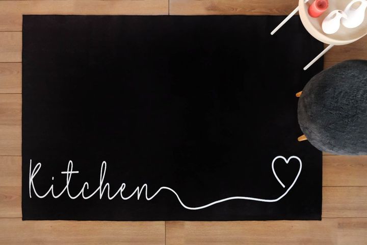 Kitchen Line Heart Pattern Rug, 80 x 150 cm, Black
