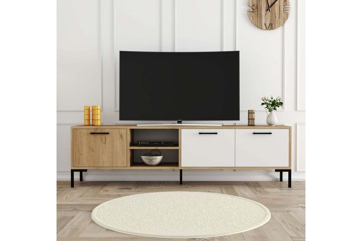 Mezza Aurora TV-Lowboard mit Metallbeinen, 180 cm, Eiche & Weiß