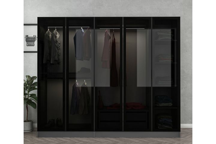 Medway Tideway Garderobe met 5 Glazen Deuren en 2 Laden, 210 cm, Antraciet en Zwart