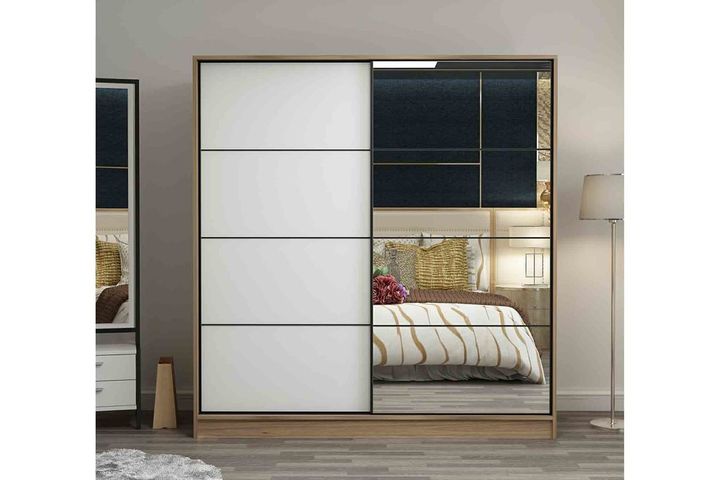 Medway Kledingkast met Schuifdeuren en Spiegel, 180 cm, Walnoot en Wit