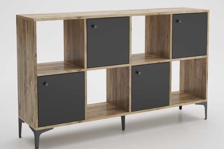 Saturn Multifunctionele Kast met 4 Deuren en Metalen Poten, Pijnboomhout en Zwart