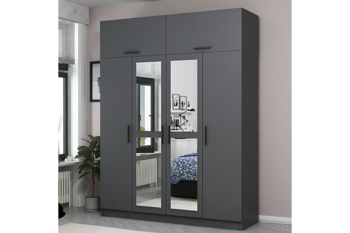 Medway Kledingkast met 4 Deuren, Bovenkast & Spiegel, 210 cm, Antraciet