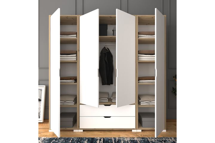 Manorala Kledingkast met 4 Deuren & 2 Lades, Wit & Eik