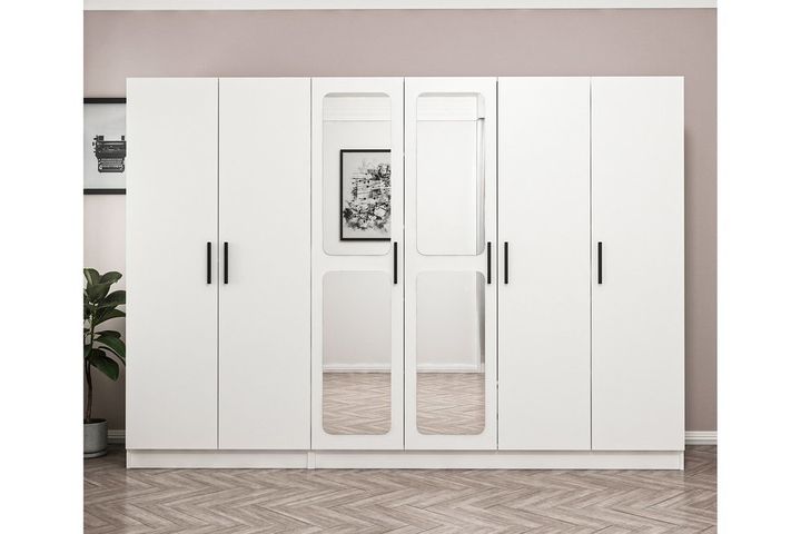 Medway Kleiderschrank mit 6 Türen, 2 Schubladen und Spiegel, Weiß