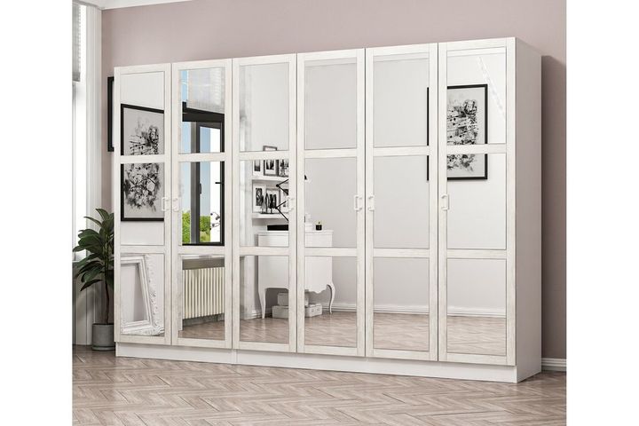Medway Country Kledingkast met 6 Deuren, 2 Lades en Spiegel, Wit