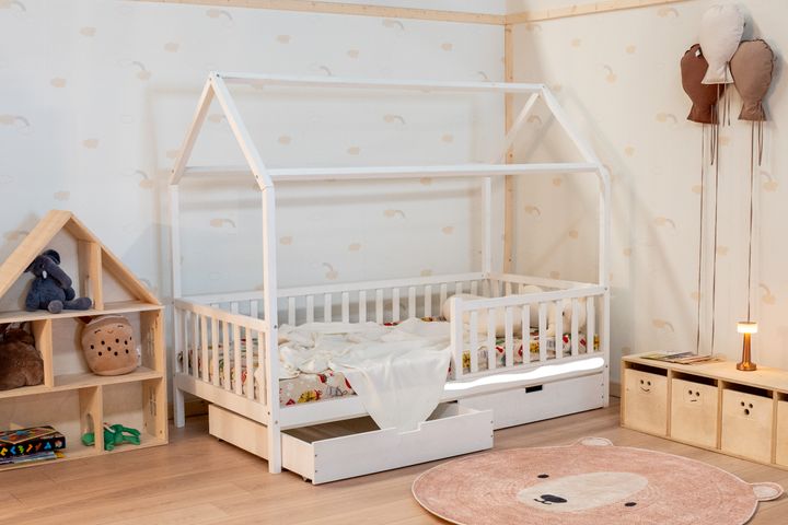 NATURKİDZ MONTESSORI ÇATILI KARYOLA, ÇEKMECELİ BEYAZ, 90X190