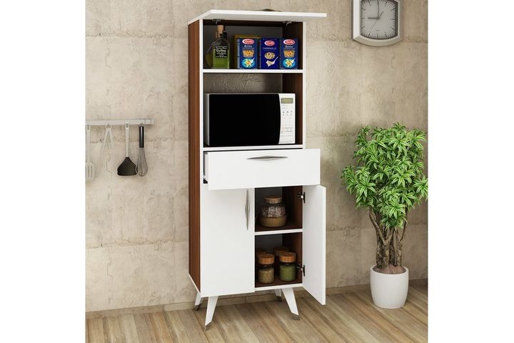 Ines Kitchen Cabinet, White & Walnut