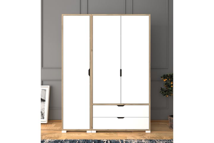 Manorala Kleiderschrank mit 3 Türen und 2 Schubladen, Weiß & Eiche