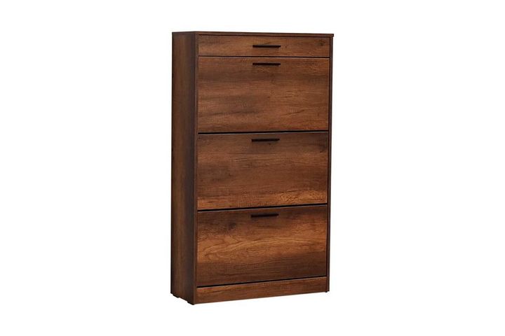 Flat Shoe Storage Cabinet With Pull Down Doors And Drawer, Walnut