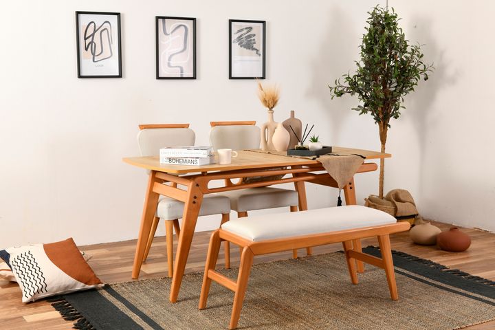 PALACE BENCHLİ İSKANDİNAV MASA TAKIMI, 2 SANDALYELİ, KREM, 160X80