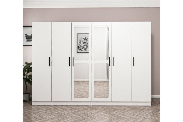 Medway Kledingkast met 6 Deuren, 4 Lades en Spiegel, Wit