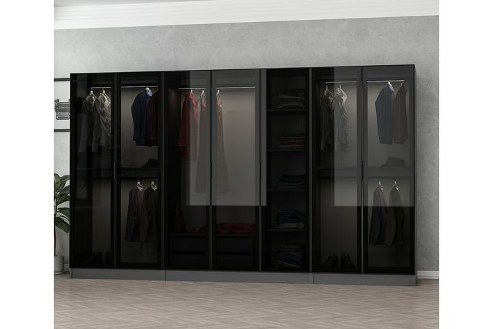 Medway Tideway Garderobe met 7 Glazen Deuren en 2 Laden, 210 cm, Antraciet en Zwart