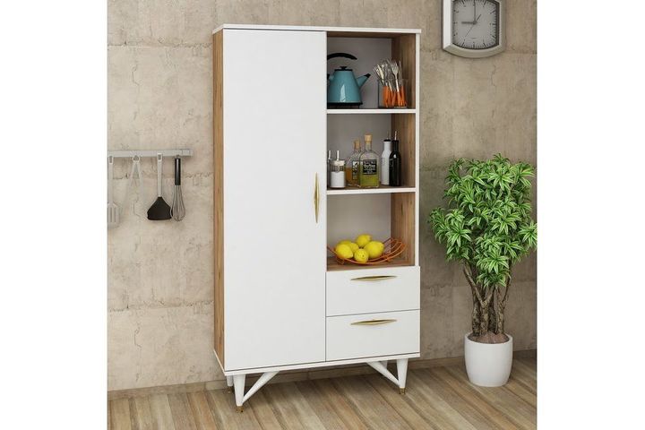 Kemen Kitchen Cabinet, White & Light Wood