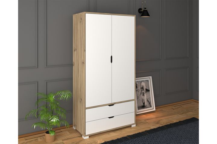 Matte Kledingkast met 2 Deuren en 2 Lades, Wit en Eik