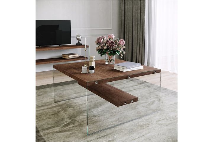 Neostyle Niagara Tempered Glass and Solid Wood Coffee Table, Dark Wood