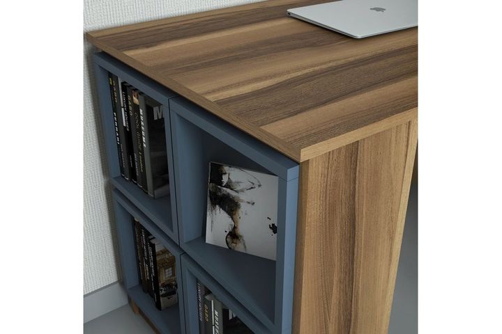 Box Study Desk, Walnut & Blue | Vivense London