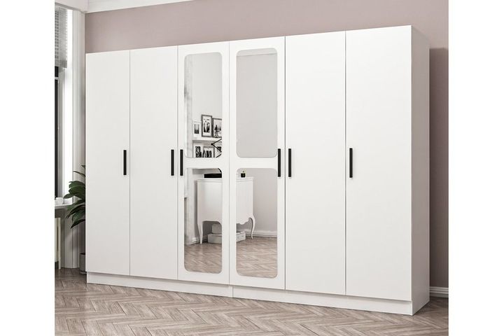 Medway Kledingkast met 6 Deuren, 4 Lades en Spiegel, Wit