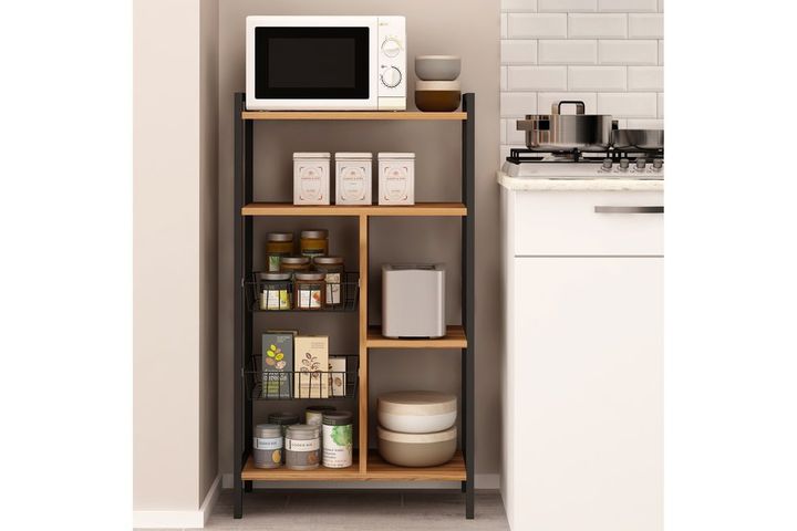 Elison Kitchen Cabinet with Wire Basket, Oak