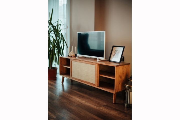 Sliding Door Rattan TV Stand, 150 cm, Natural Wood