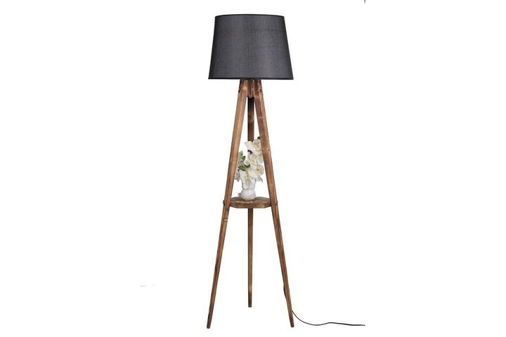 Francesca Driepoot Vloerlamp met Rek, Zwart en Pijnboomhout