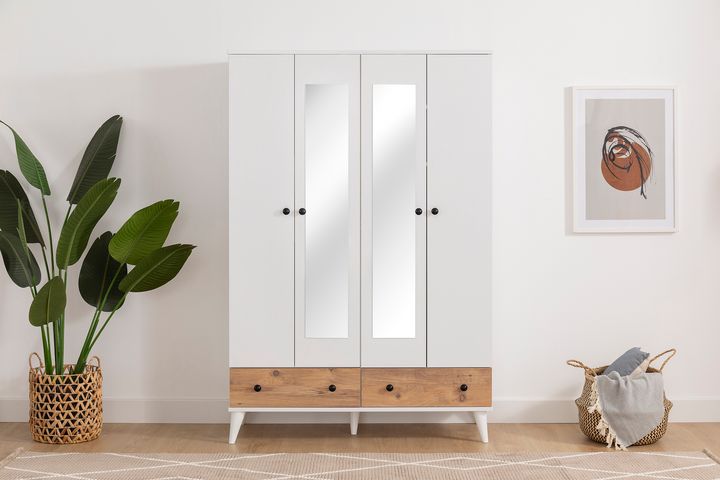 Belloir Kleiderschrank mit 4 Türen, 2 Schubladen, und Spiegel, Weiß & Kiefer