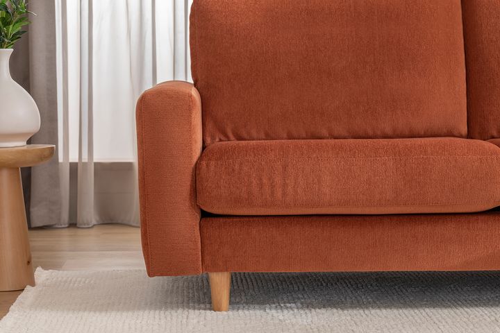 Merlin Mini Hoekbank, Natuurlijke Poten, Dunne Armleuning, Fluwelen , Steenrood