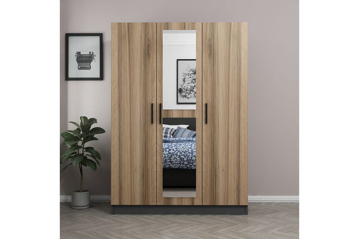 Medway Tideway Kledingkast met 3 Deuren, 2 Lades en Spiegel, 190 cm, Antraciet en Walnoot