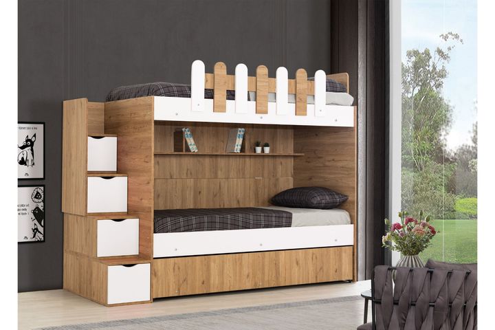 Ocean Bunk Bed with Trundle, 90 x 190 cm, Walnut & White