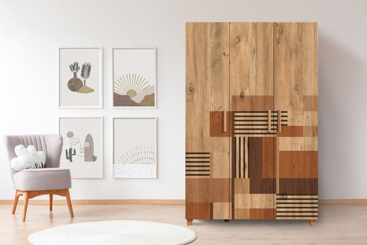 Leva Colorblock Kledingkast met 3 Deuren, Pijnboom