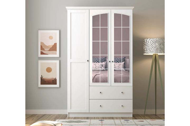 Zenio Side Rose Kleiderschrank mit 3 Türen, 2 Schubladen, und Spiegel, Weiß