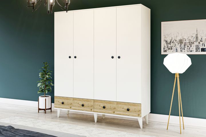 Perlino Kledingkast met 4 Deuren, 2 Lades en Voeten
