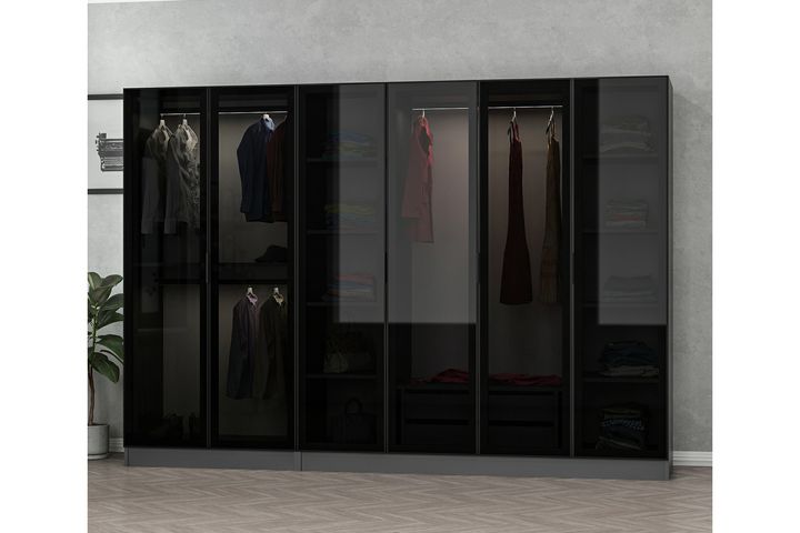 Medway Tideway Garderobe met 6 Glazen Deuren en 2 Laden, 210 cm, Antraciet en Zwart